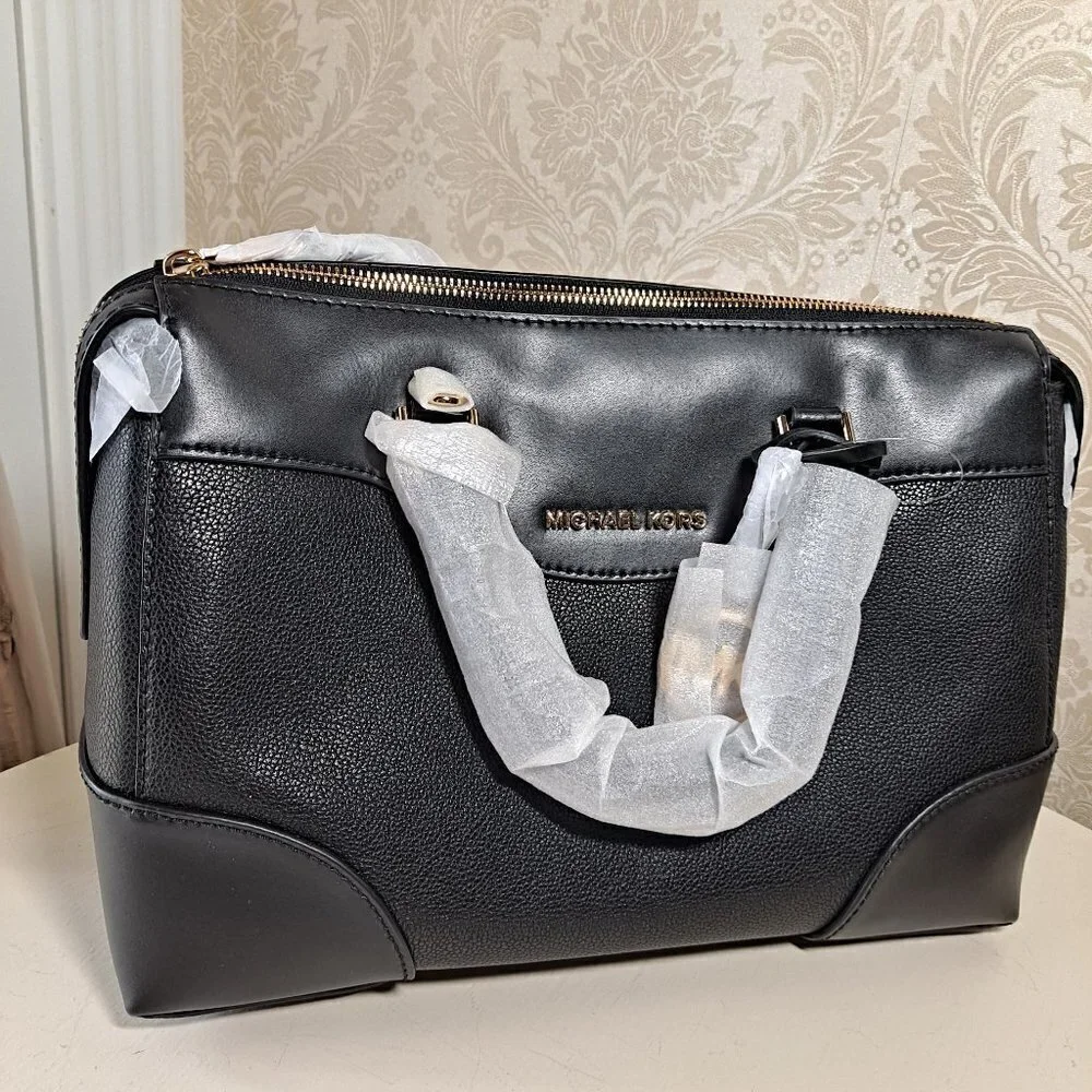 MICHAEL Michael Kors Maya Black Pebbled/Smooth Leather Satchel NWT
